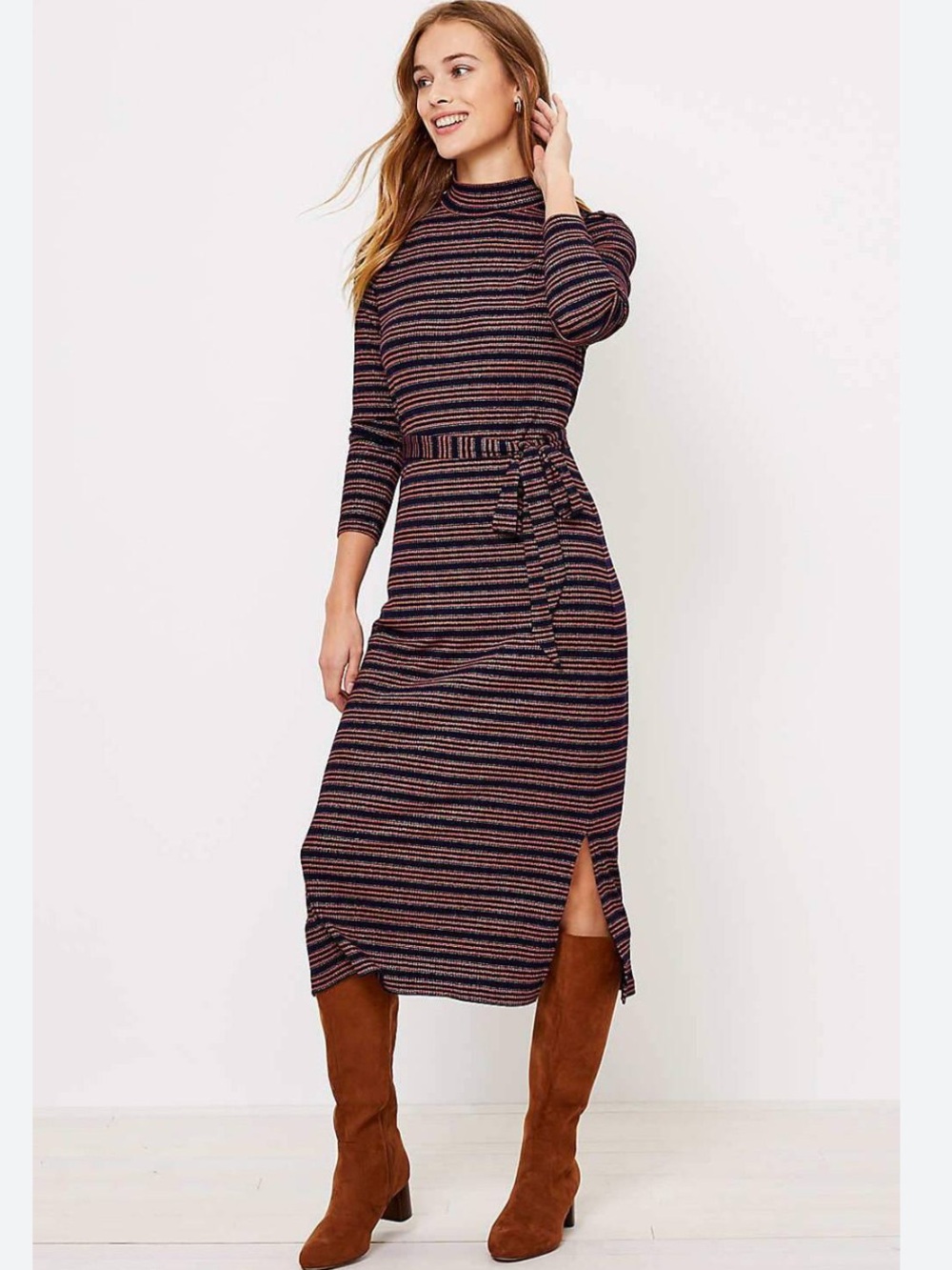 LOFT Striped Midi Dress in Navy and Rust